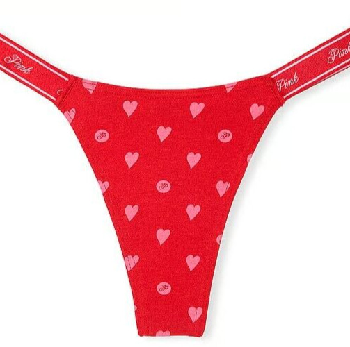 L Red Heart Dot Print PINK LOGO Cotton Micro HiCut Victorias Secret Thong Pantie