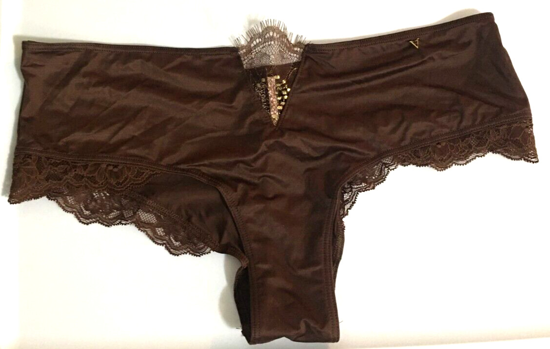 Victorias Secret Dark Brown Micro Shimmer Lace Inset Cheeky Panty XL Silky Body