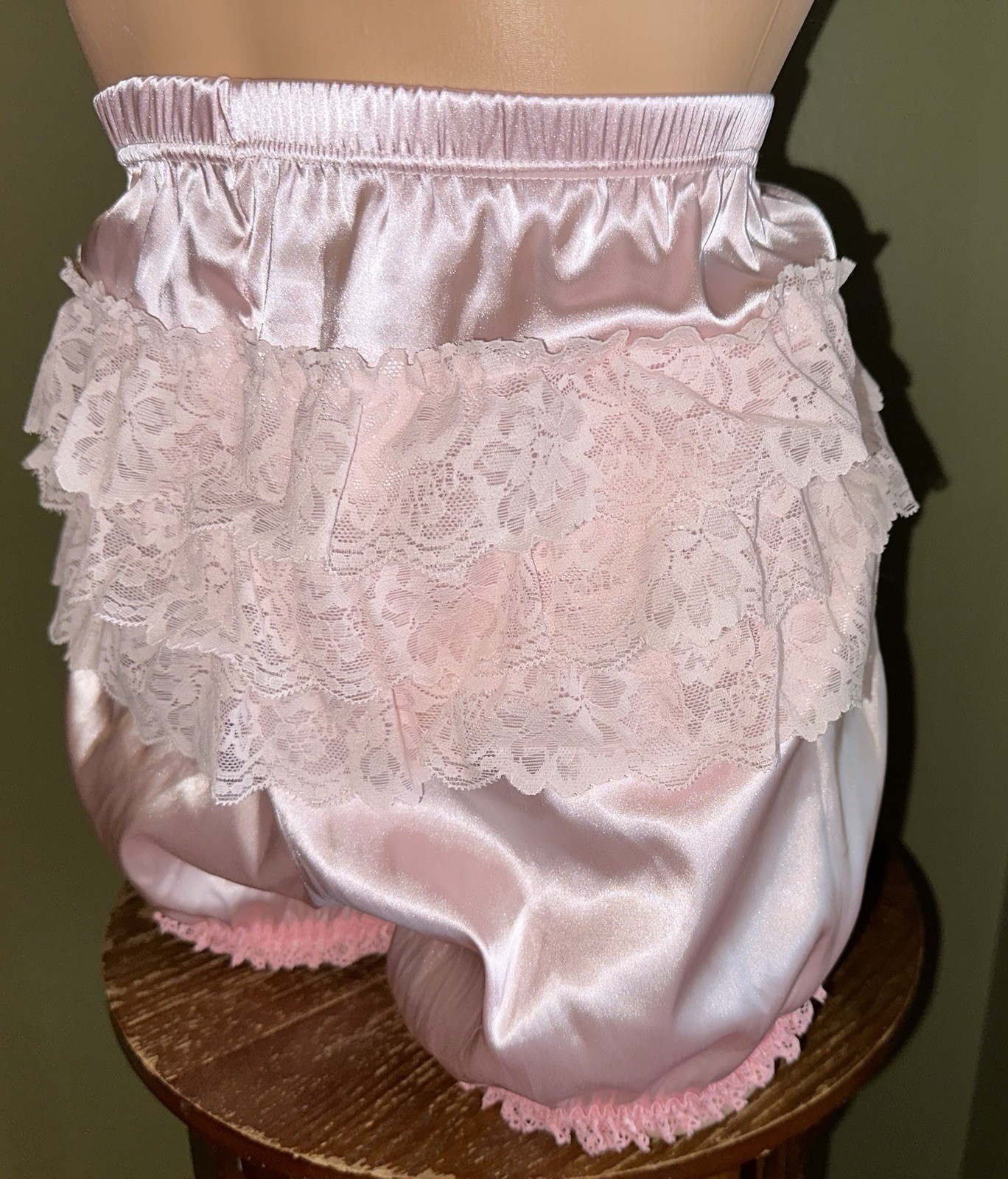 Glossy Pink Satin w Tiered Ruffled Lace Bloomers Long Leg Sissy Panties XL New