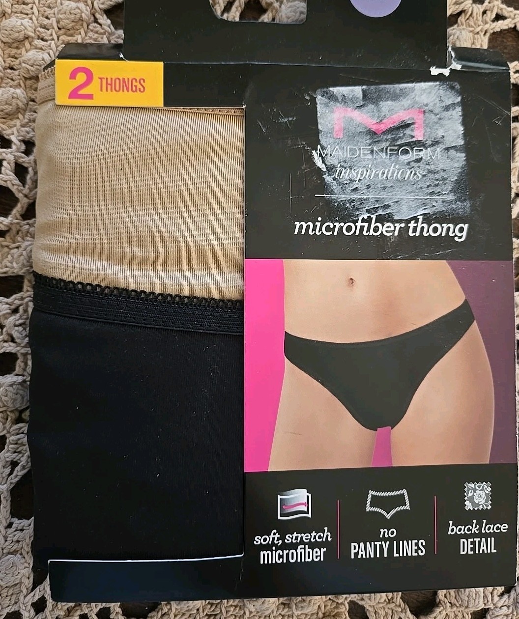 NEW Maidenform 2 Pair L/7 Thong Panties Black Tan Lace Detail NIFP