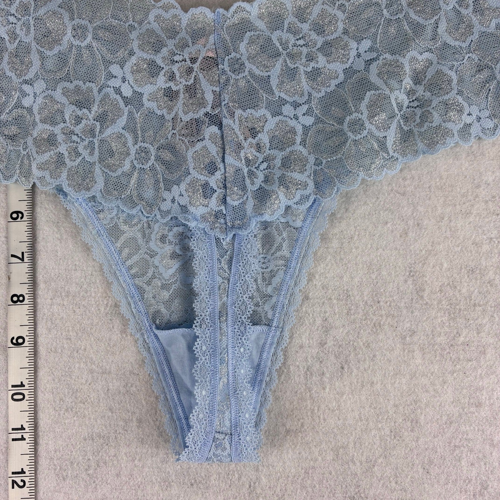Victorias Secret The Lacie Lace Thong Panty Large Shimmer Sparkle Silver Glitter