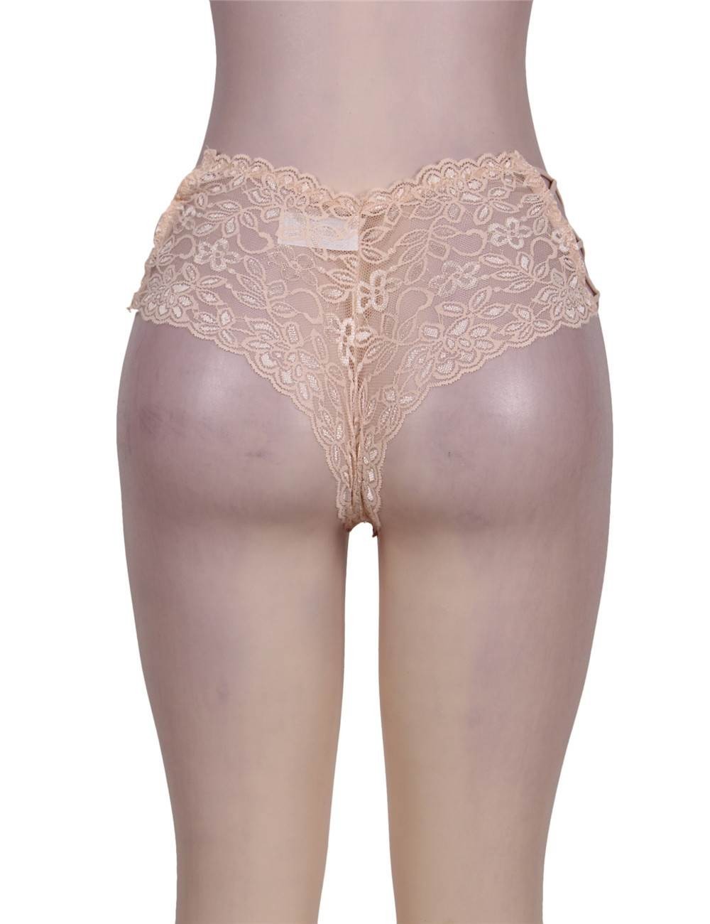 WOW BABE Nude Cross Tie Floral Lace Open Crotch French Knickers Panty Size 14