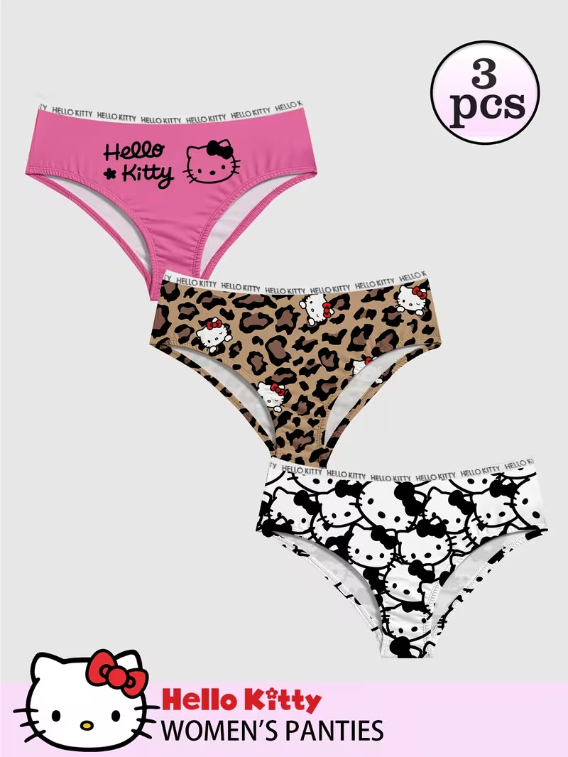 Women’s Sanrio Leopard Hello Kitty Cute Cartoon Kawaii Brief Panties – Pack of 3