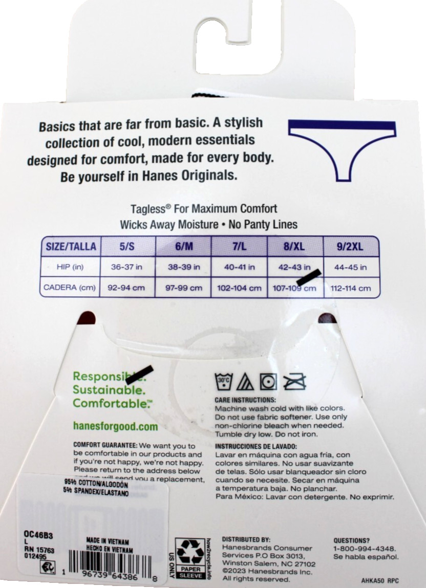 HANES Original Size 7 / L 3-pack Multi-Colors 95% Cotton Women’s Thong Panties