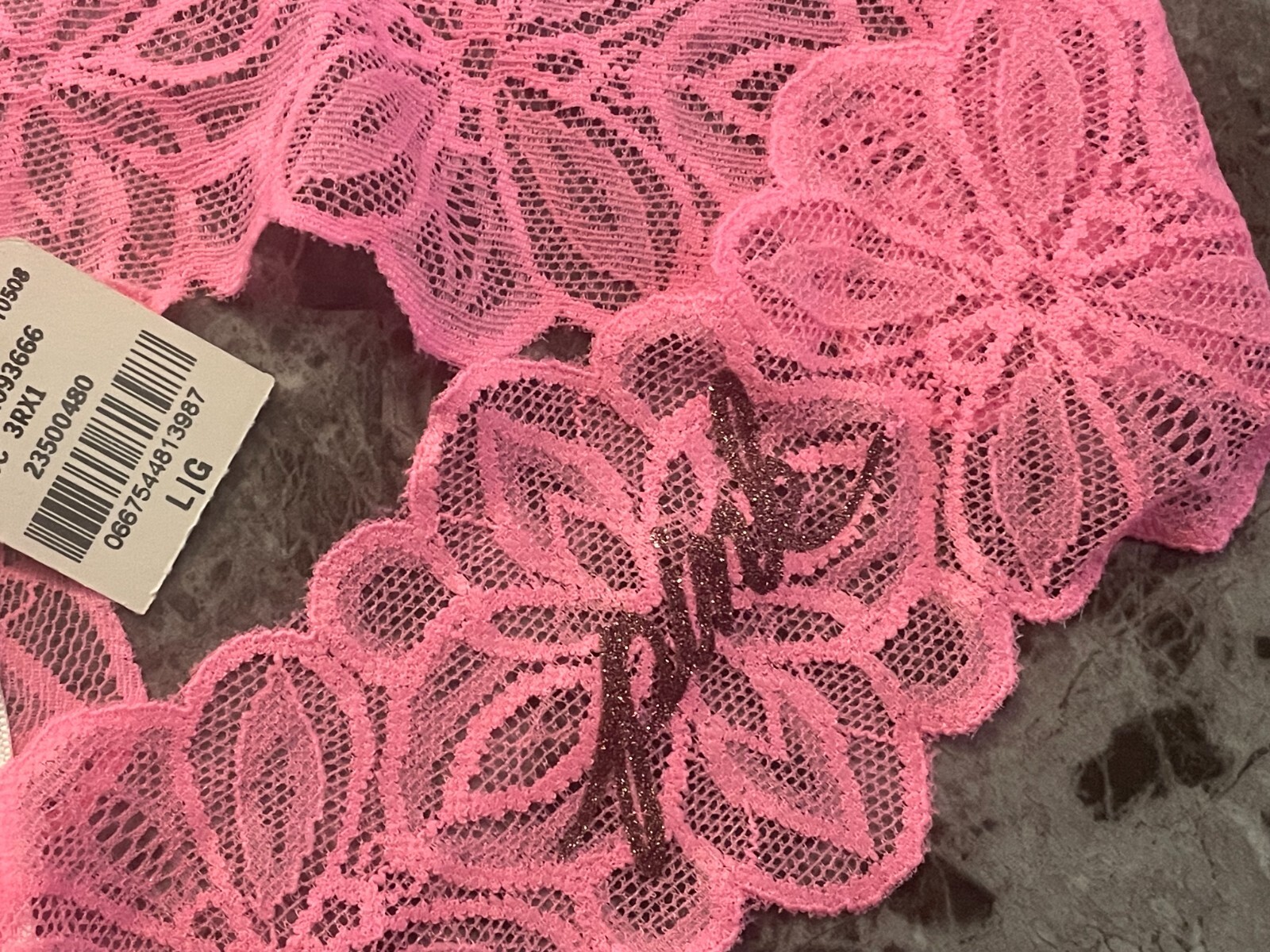 NWT VICTORIA’S SECRET PINK L PINK FLORAL LACE GLITTER LOGO RARE THONG PANTIES