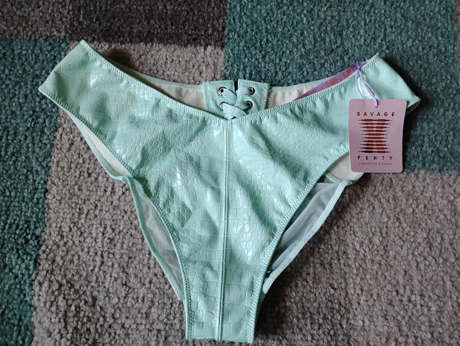 Savage X Fenty Faux Leather Thong NWT Crocodile Print Size Large Teal Blue