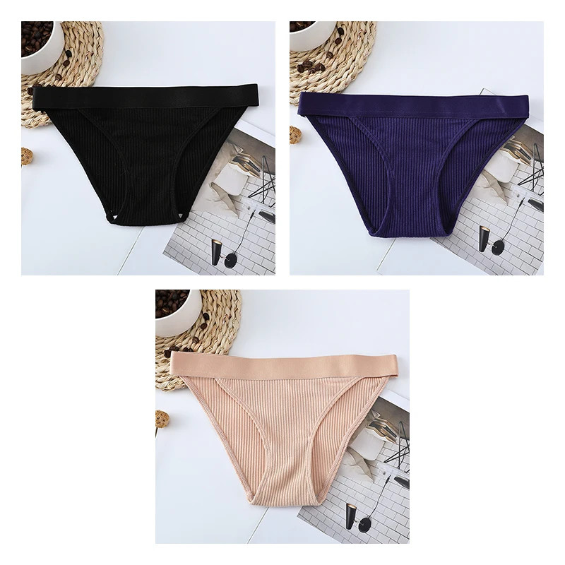 Mid Rise Brief Panties Striped Stretch Comfortable Breathable Underwear 3PCS