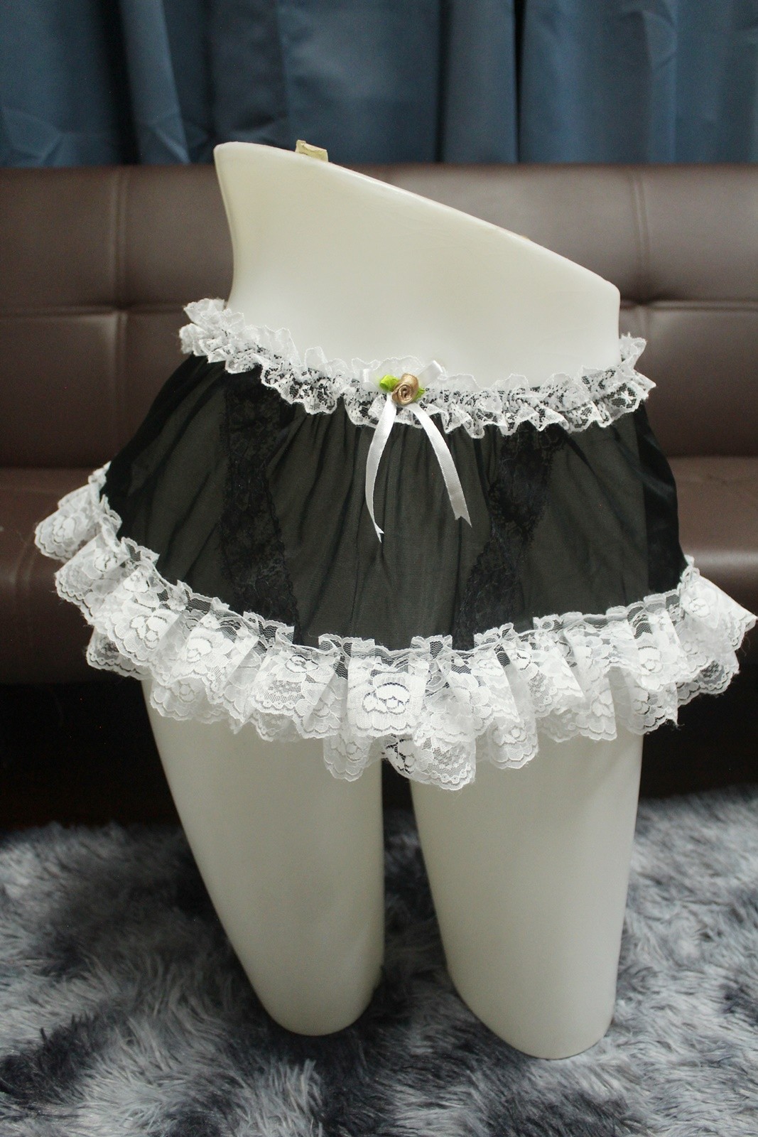 #A329 2XL/ElasticW.24-42″ Vintage Style 2PCS Black Nylon Half Slip + White Brief