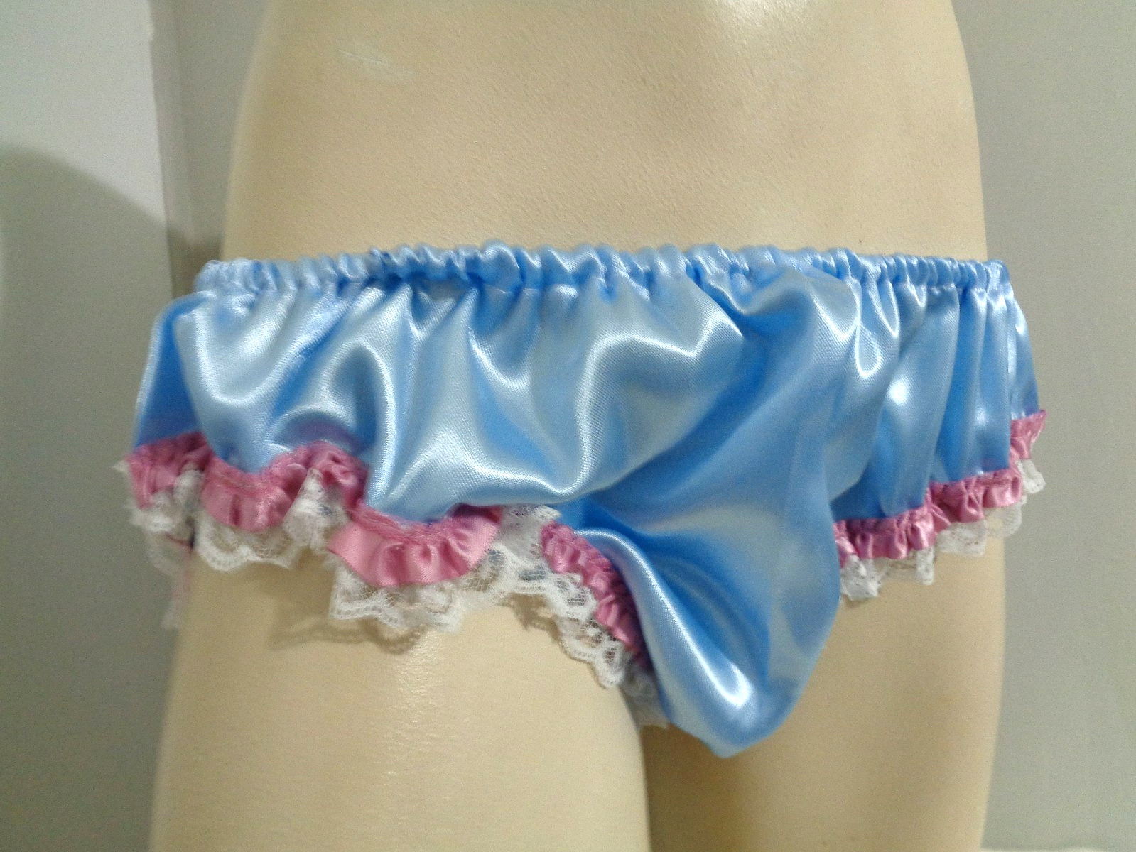 adult sissy handmade powder blue frilly men satiny bikini panties dress-up 34-47