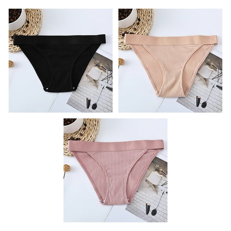Mid Rise Brief Panties Striped Stretch Comfortable Breathable Underwear 3PCS