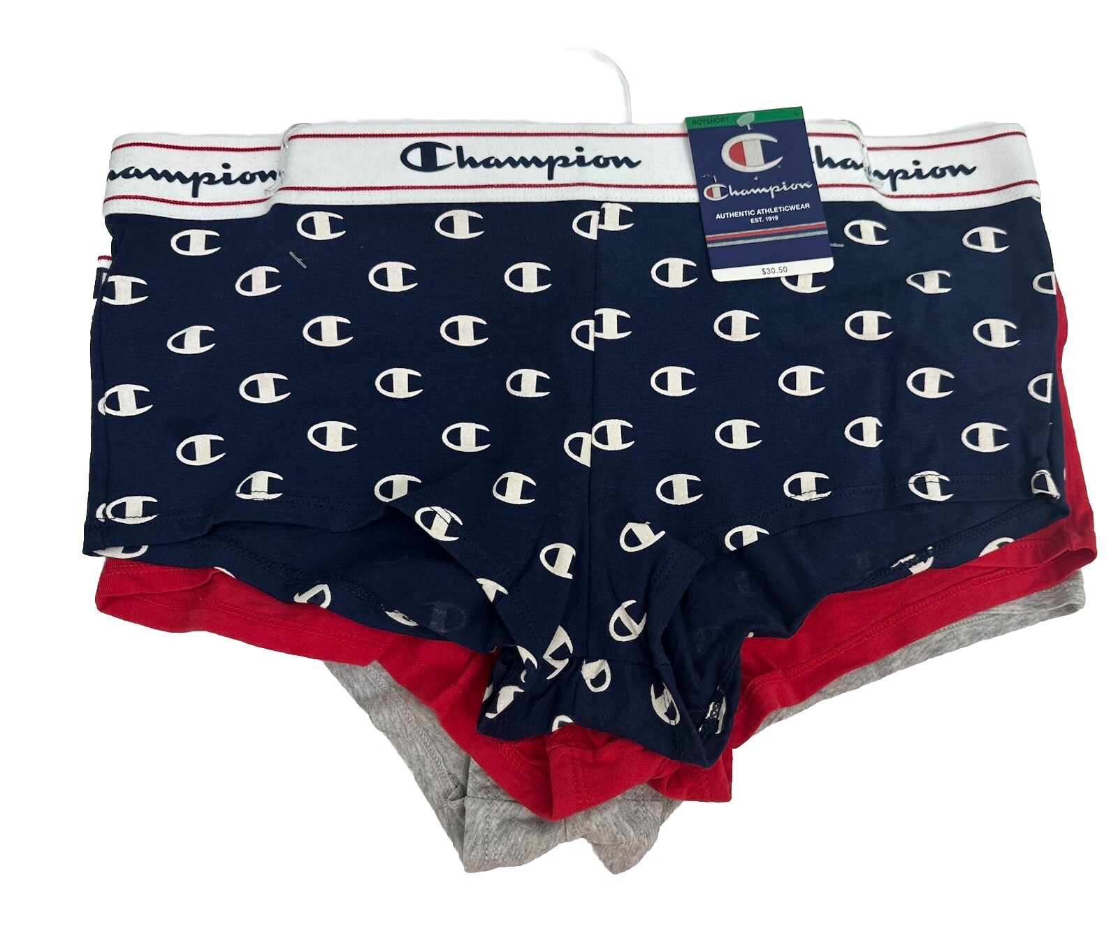 Women’s Champion BOYSHORT Underwear Panties 3-Pairs Gray,red & Blue Size L 7 New