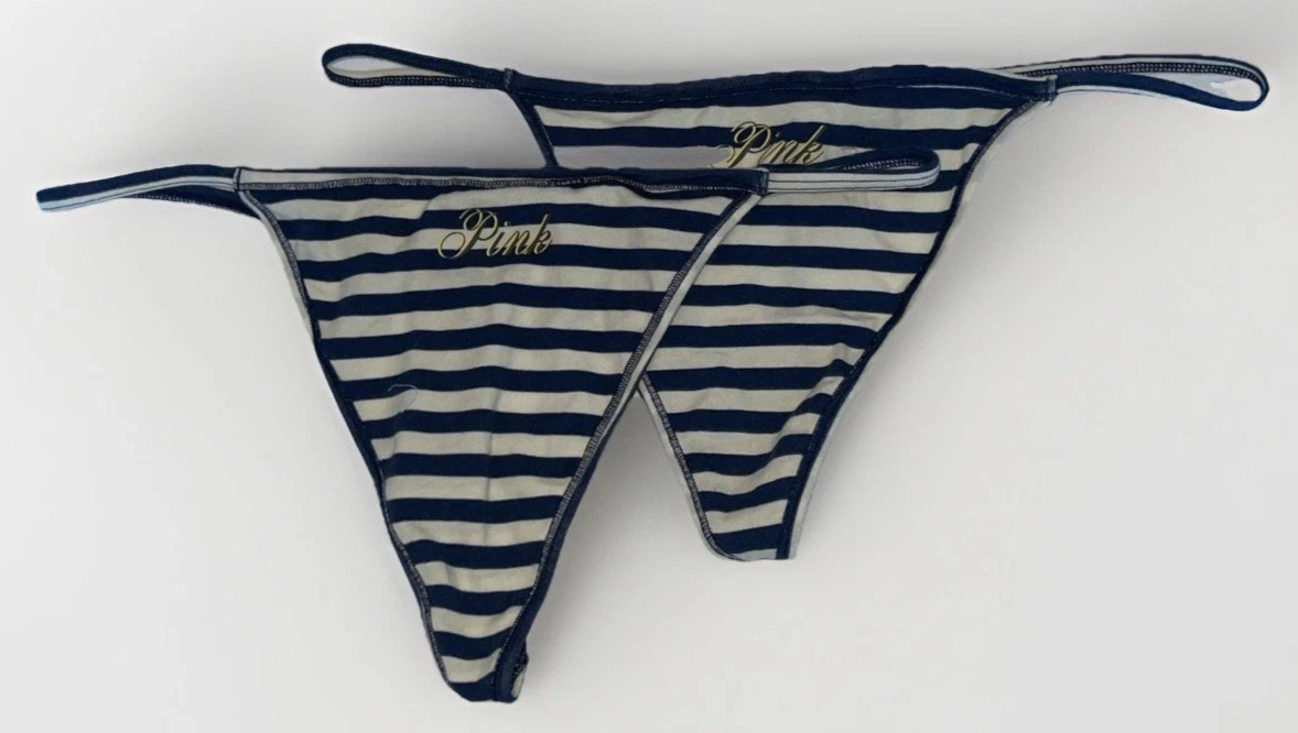Lot of 2 NWT Victoria’s Secret Pink Women’s 2XL Striped Thong Panty Blue & Cream
