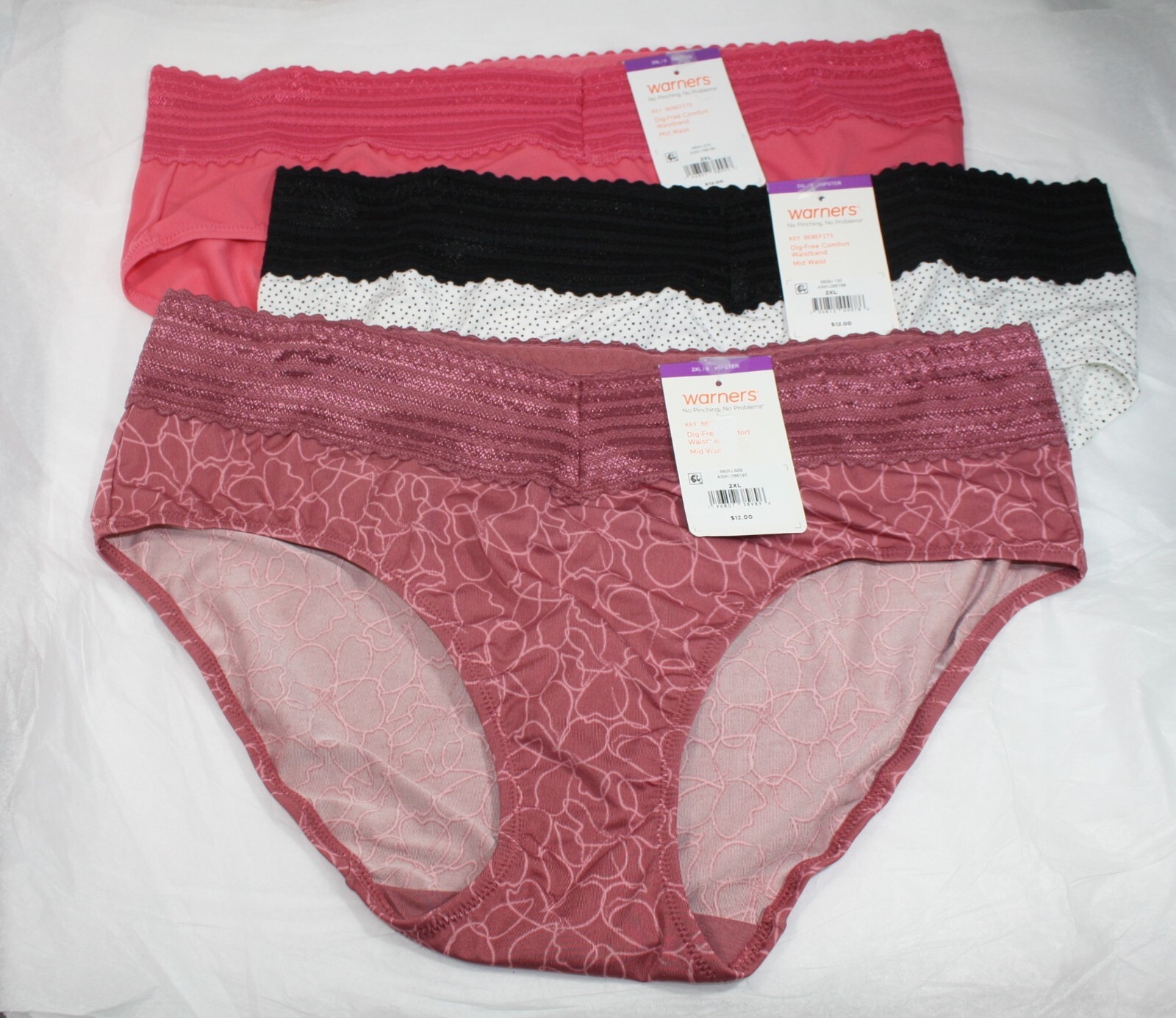 New set/3 WARNER’S no muffin top HIPSTER panties WHITE black DOT MAUVE FLORAL 9