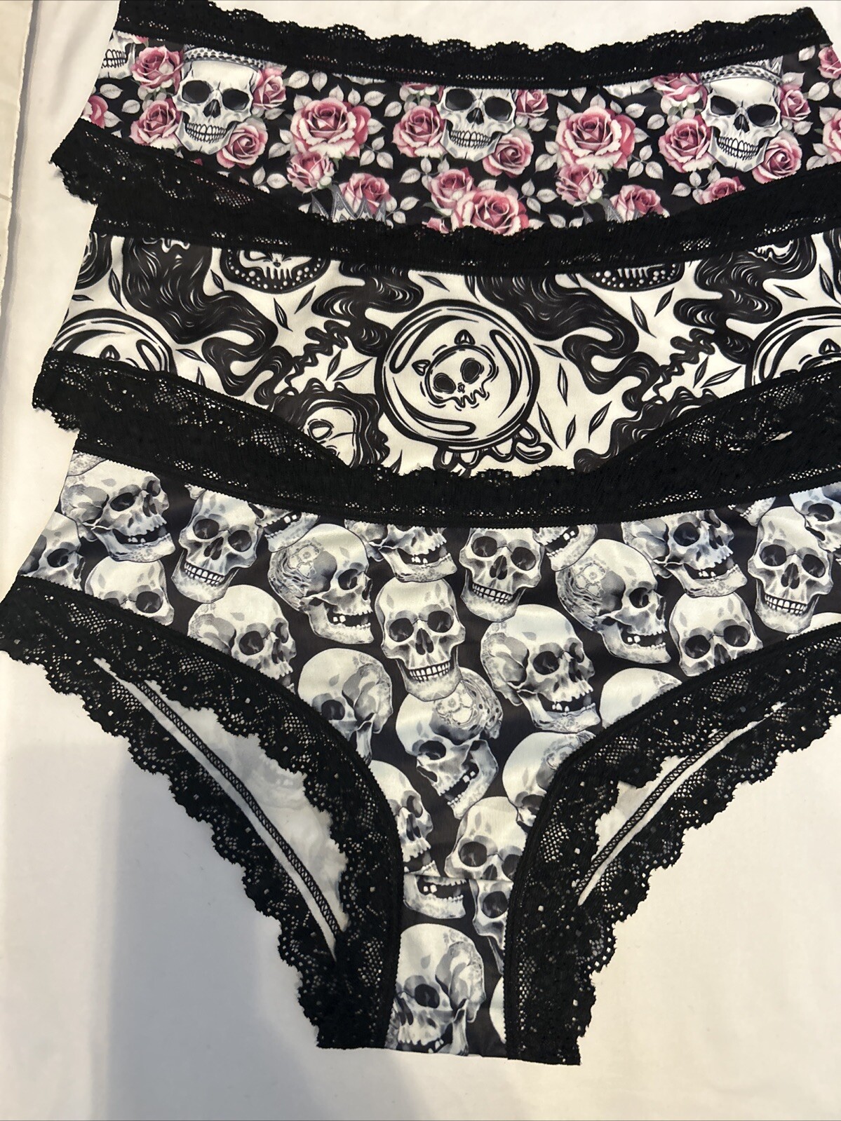 Morvia 3pk lace trim goth Emo Punk panties L floral Crown skull Lingerie Set