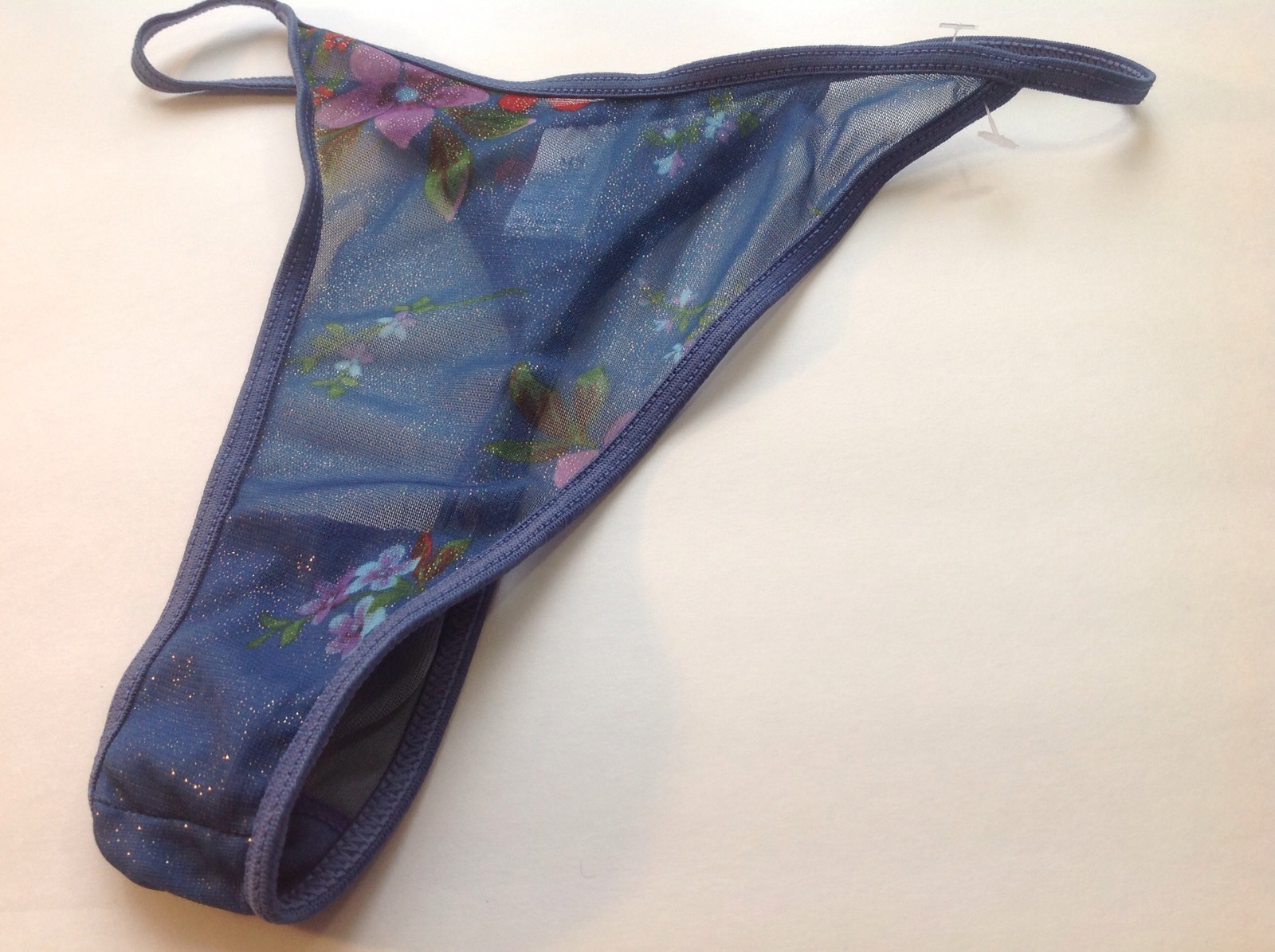 Women Panties,Thongs Size M/6 Medium Shiny Metallic Gauze Floral on Blue Myanmar