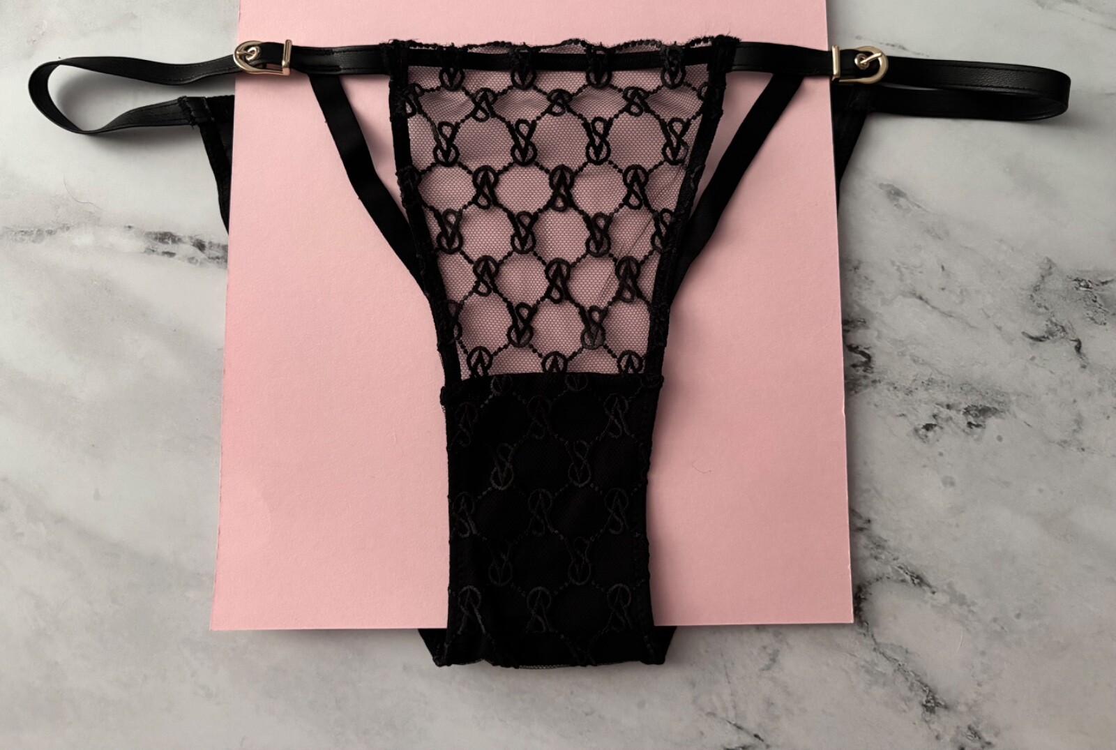 Victoria’s Secret String Bikini Panty Black Mesh w/ VS Logo Cut Out S M 2XL