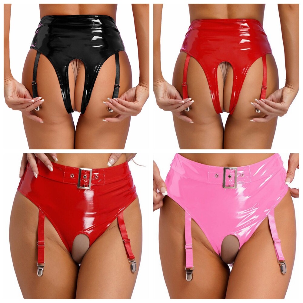 US Women Wetlook High Waist Open Crotch Panties Thong with Garter Clips Clubwear