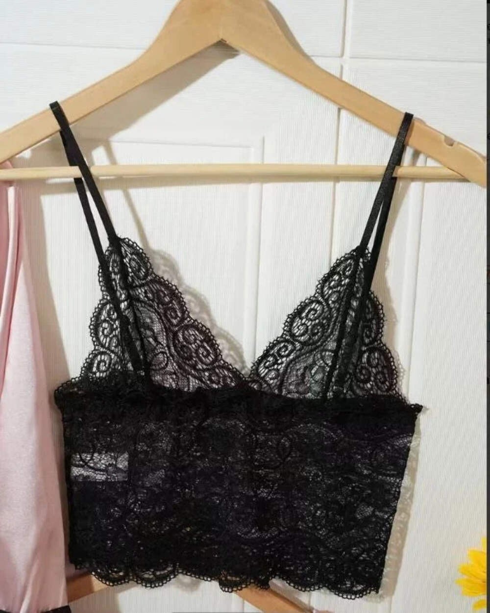 Silky feel baby pink satin black lace trim 4 piece lingerie set size 10 (M)