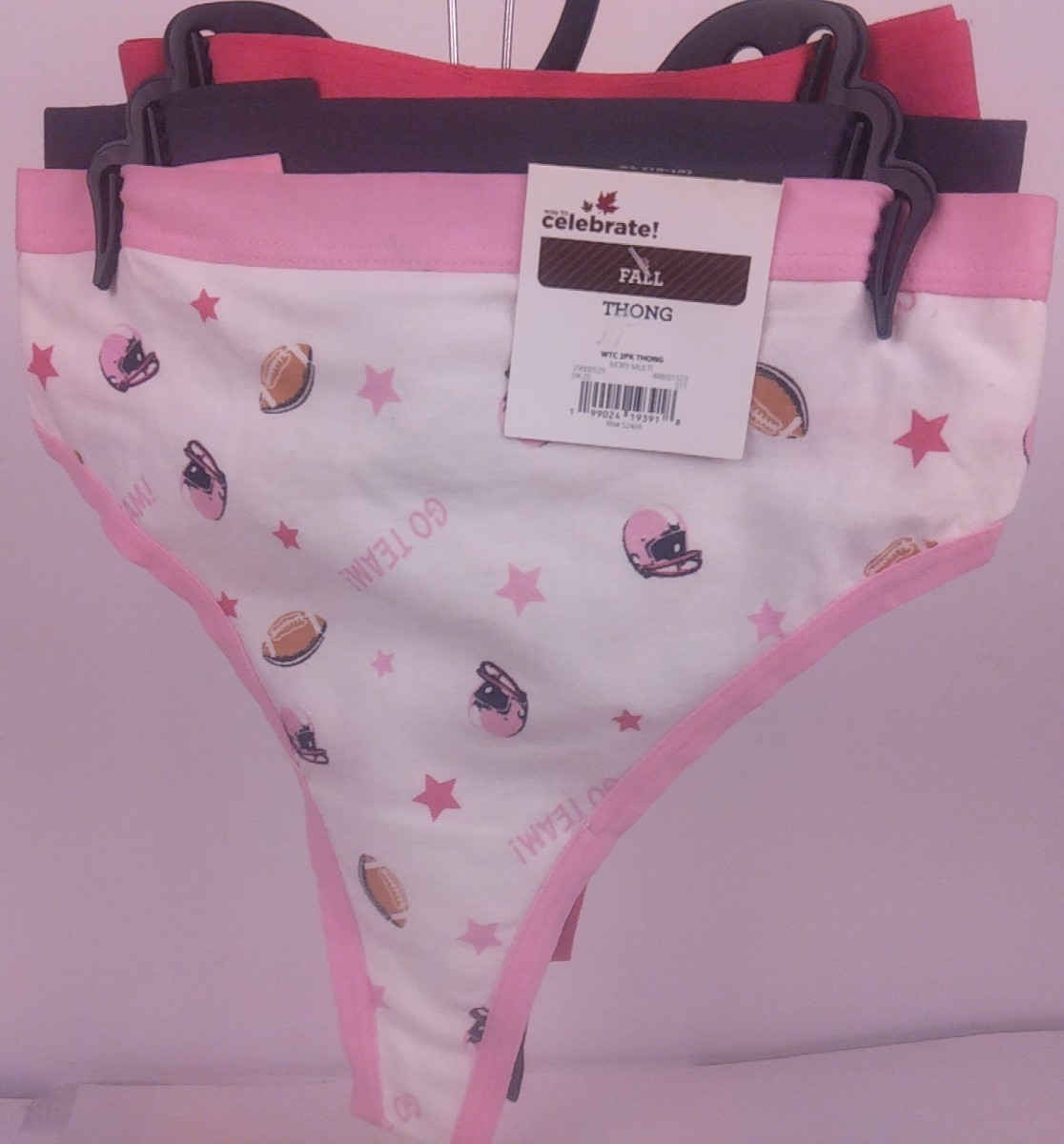 Celebrate Fall Ladies 3 Pack Ivory Football Design Thongs Size L(16-18) – New