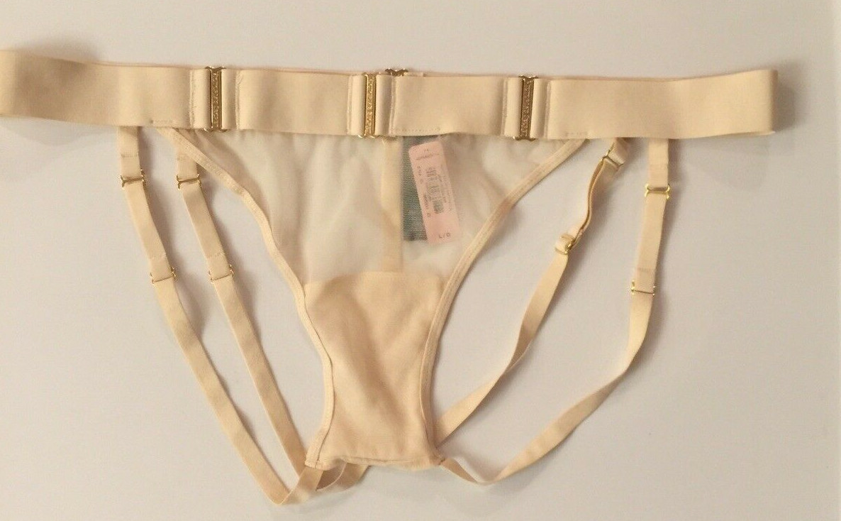 Victorias Secret Sexy Beige Brazilian Panties Size L Strappy Adj Metal Hardware