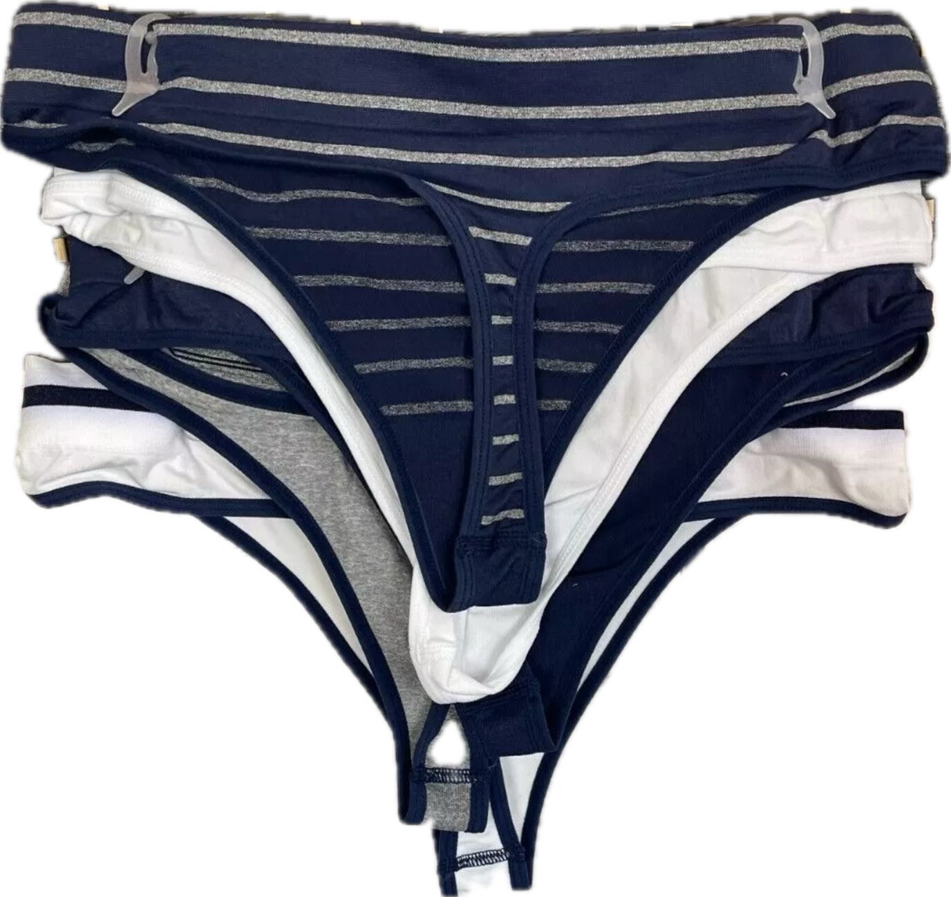 Nautica XL Navy-Gray-White Logo Wide Waistband Stretch Knit Thong Panties-5 Pk