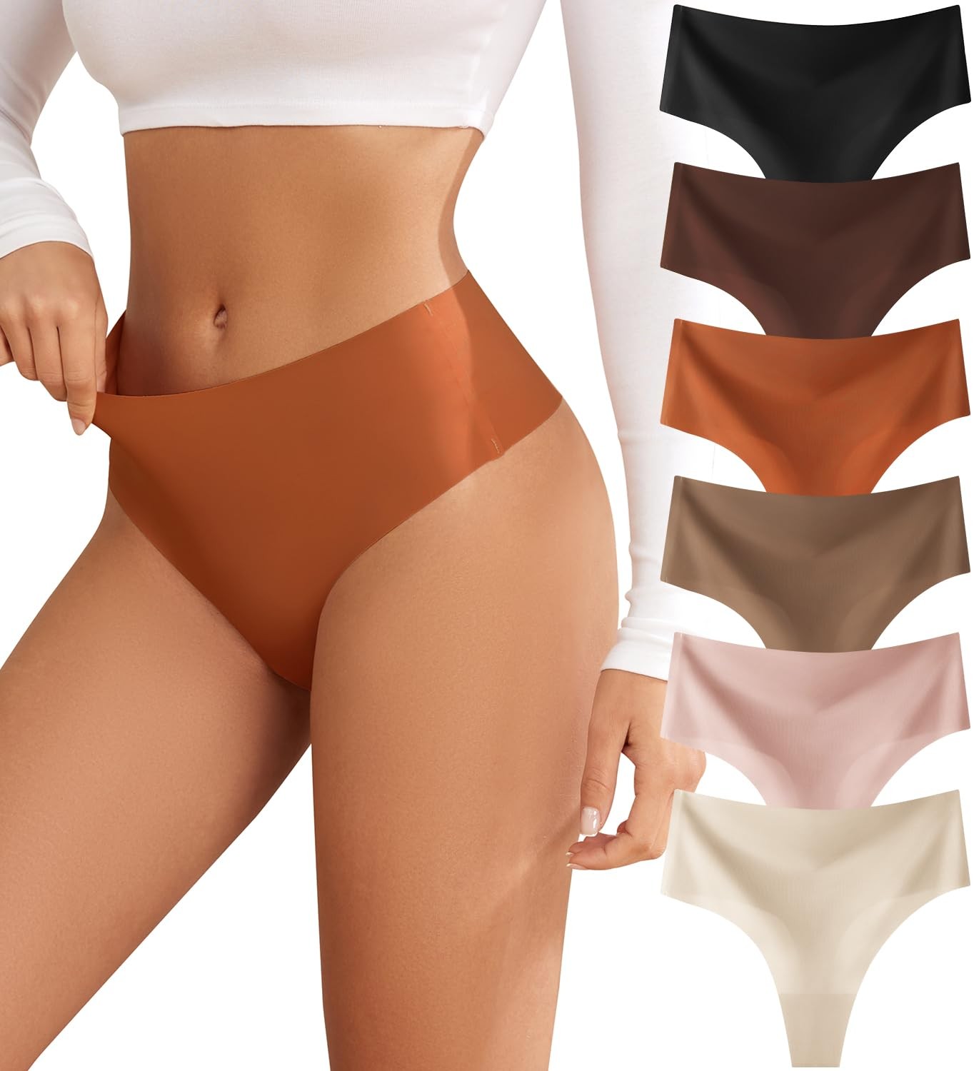 oshkang Women’s No Show Thongs High Waisted Seamless Women Underwear Sexy 6PK-M