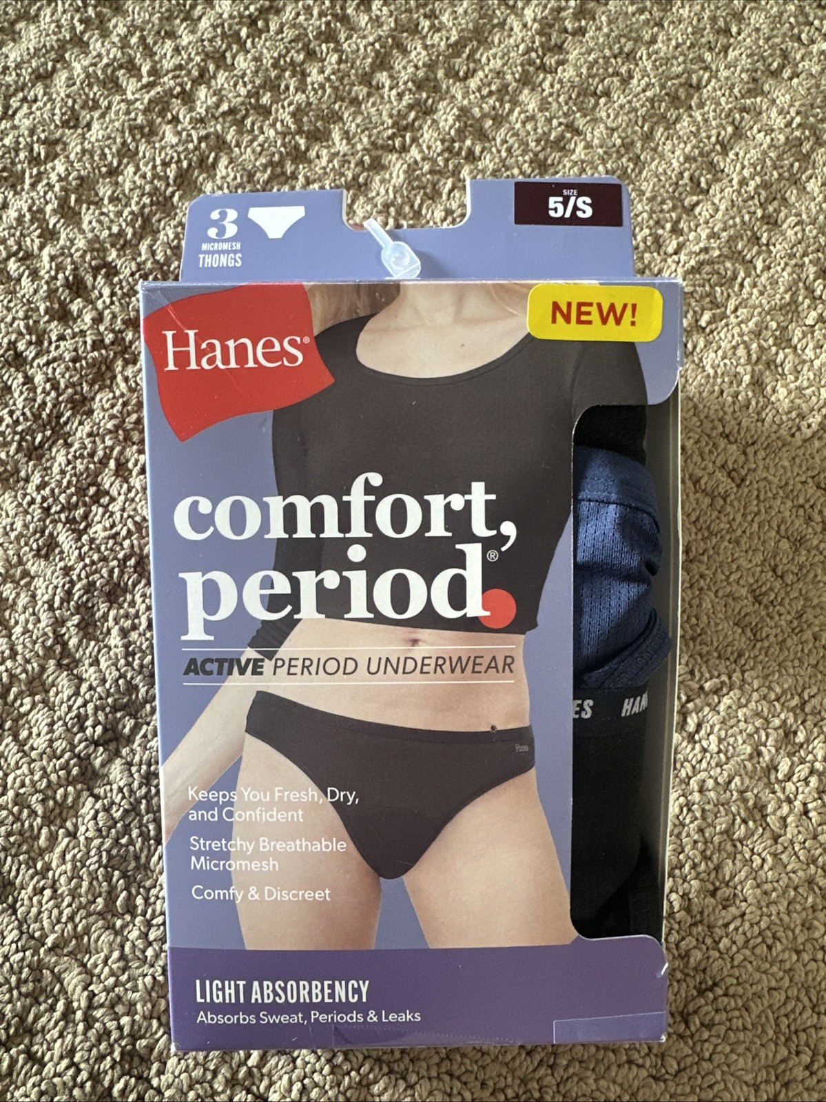 Hanes Comfort Period Thongs Womens 6/M Micromesh Light Absorbency 3 Pack