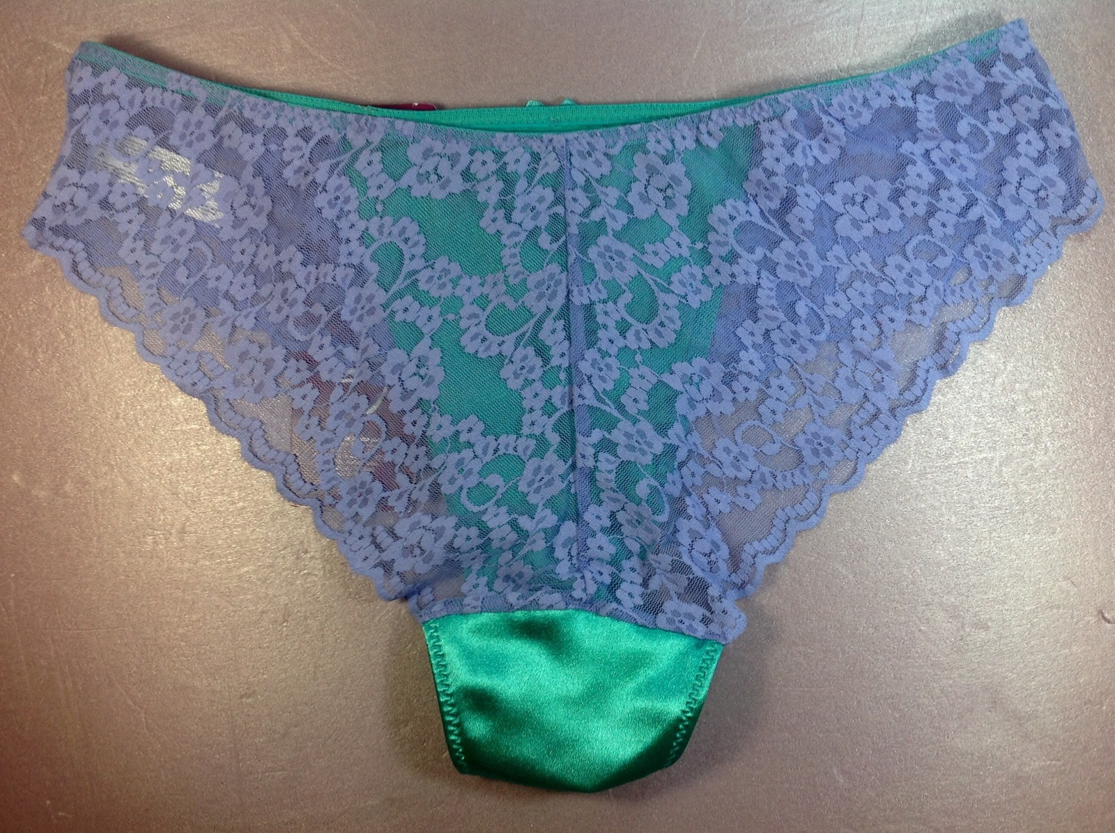 Women Panties,bikinis ILUSION size S. Green Satin front&lavender Floral Fishnet