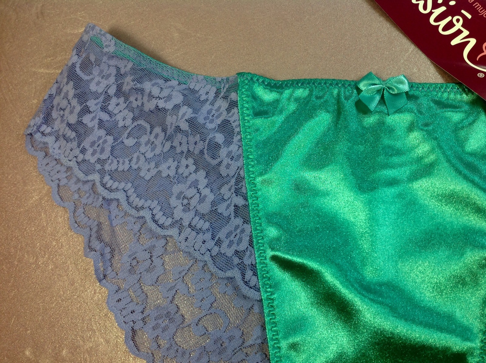 Women Panties,bikinis ILUSION size S. Green Satin front&lavender Floral Fishnet