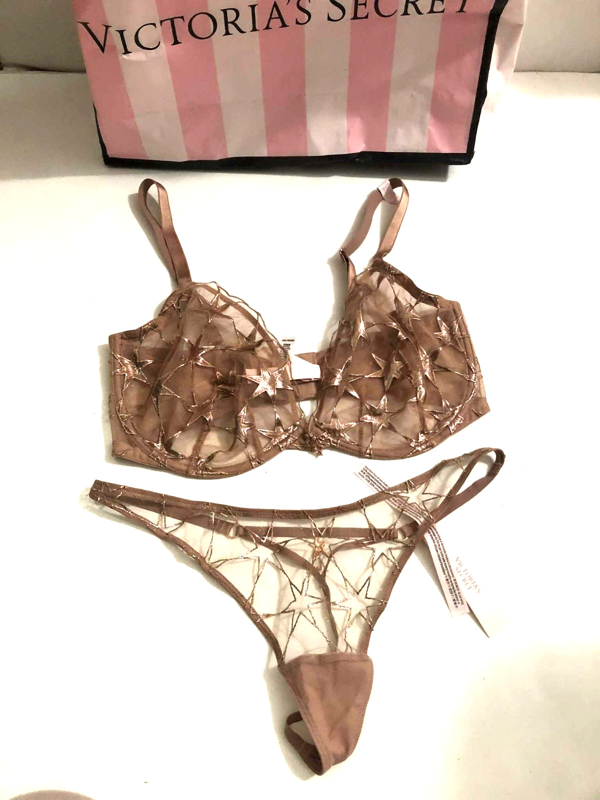 Victoria’s Secret Sheer Shine Low-Cut Demi Bra & V-string Panty Rose Gold Stars