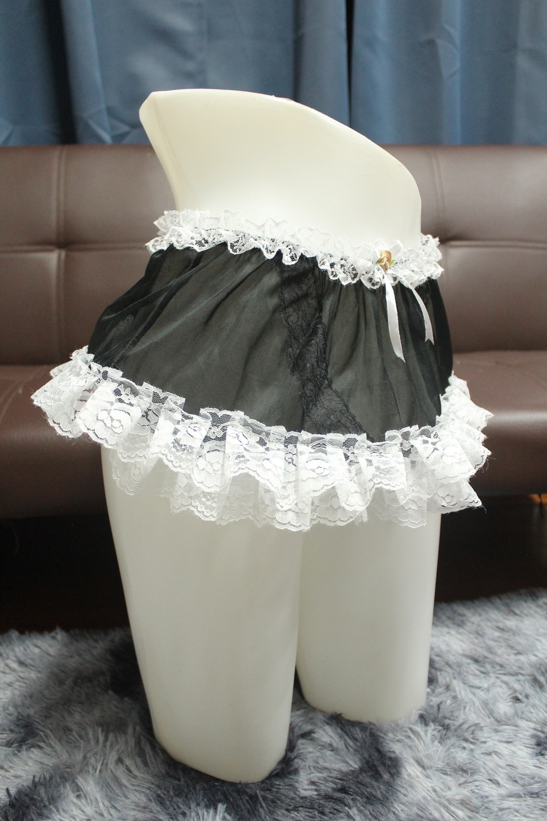 #A329 2XL/ElasticW.24-42″ Vintage Style 2PCS Black Nylon Half Slip + White Brief