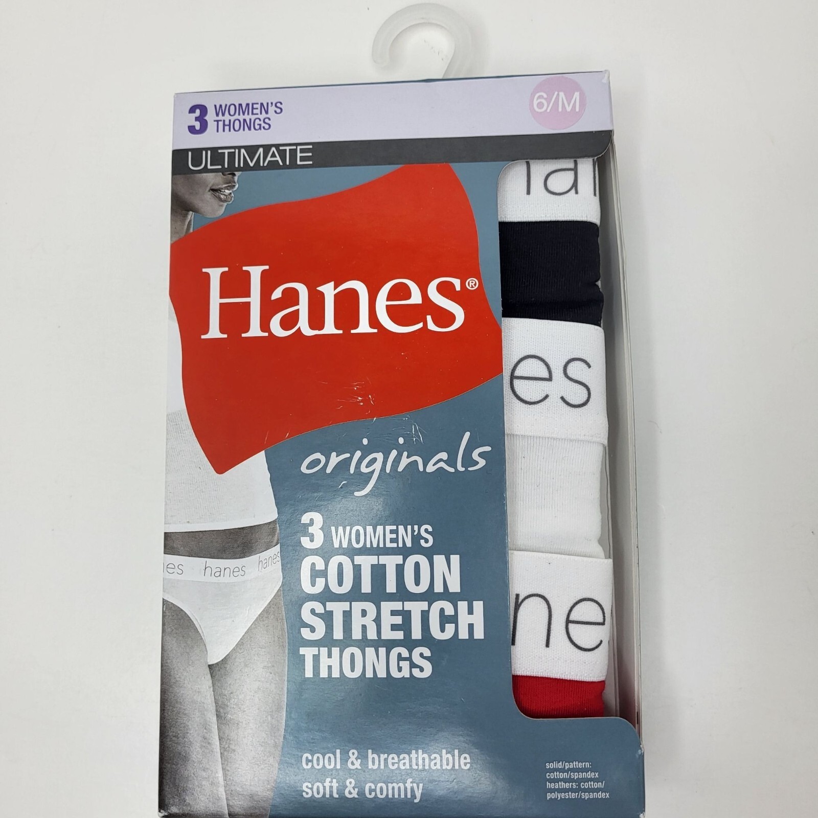 NWT HANES Womens 3 Pk Ultimate Stretch Cotton Thong Panty – Red,White,Black – 6M