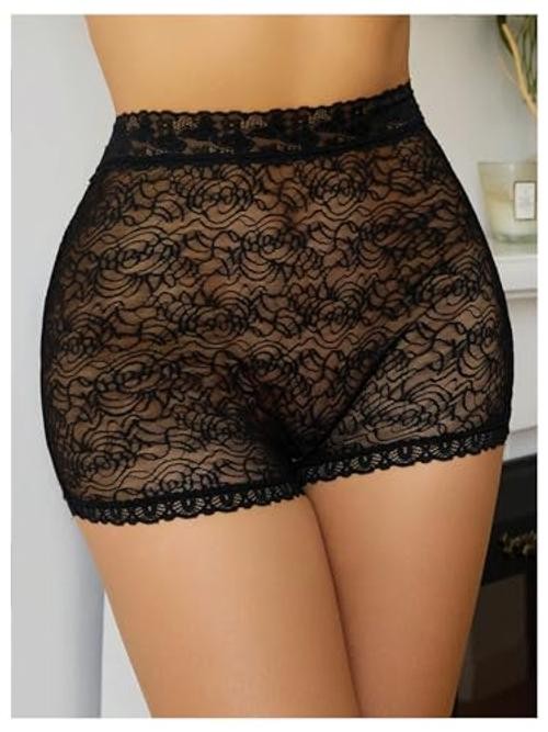 Women’s Plus Size Sheer Lace Boyshorts Underwear Sexy High 4X-Large Plus Black