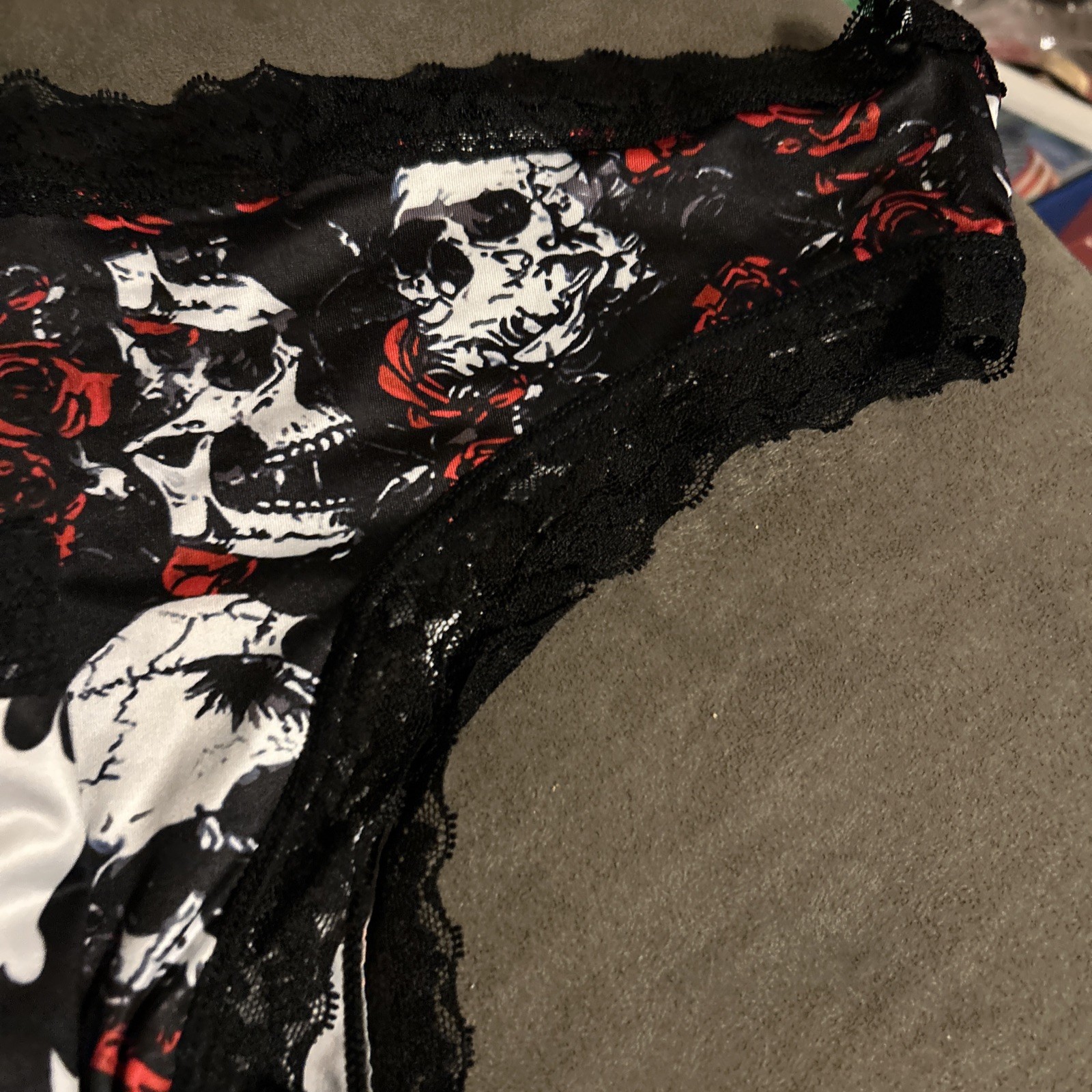 Morvia 3pk lace trim cheeky goth Emo panties L floral skull/ghost Web Lingerie