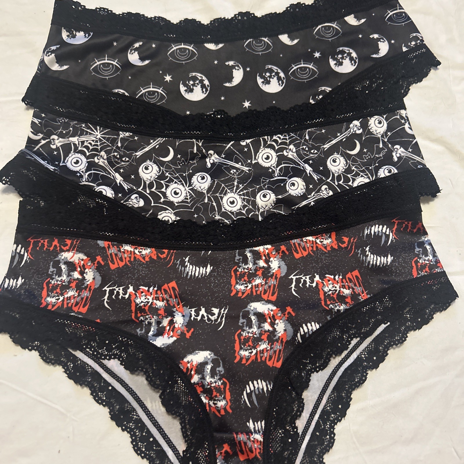 Morvia 3pk lace trim goth Emo panties S skulls Eyeballs Bones Moons Teeth New