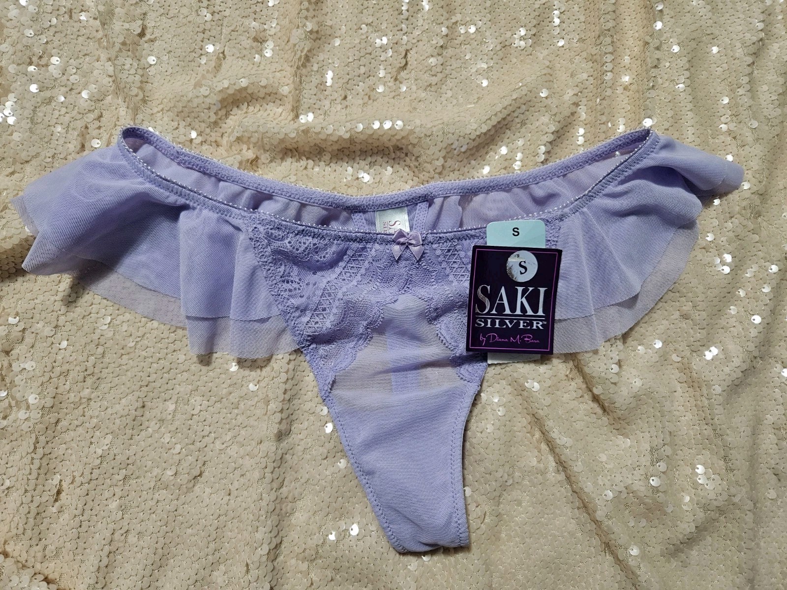 SAKI SILVER, WOMEN’S NEW LAVENDER NYLON BL LACE/MESH ANGEL WING THONG, SIZE S