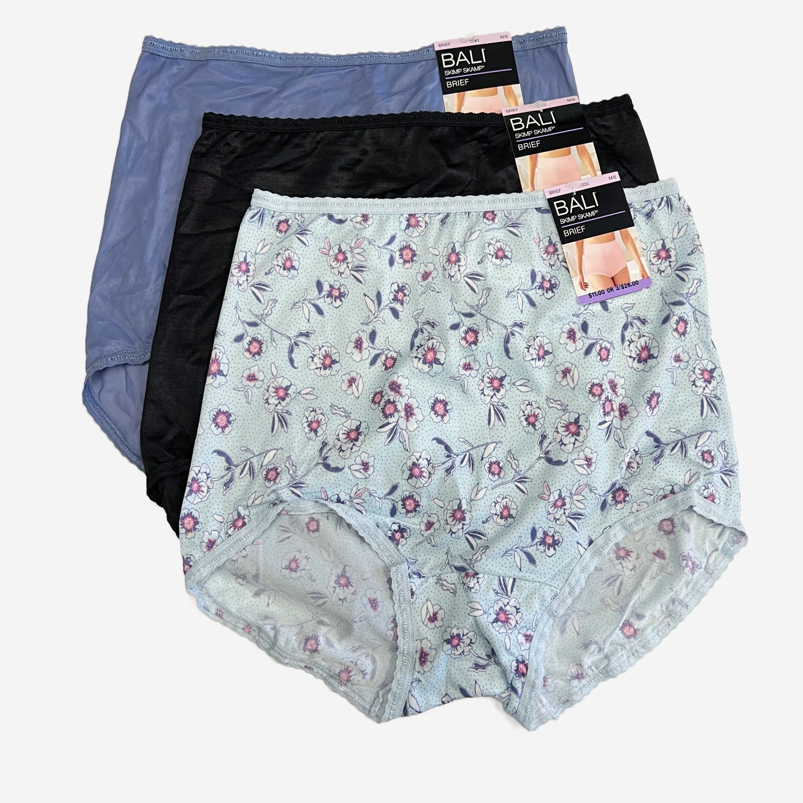 3 Bali Skimp Skamp Brief Panty M 6 MEDIUM Full Coverage Nylon Panties NWT 2633