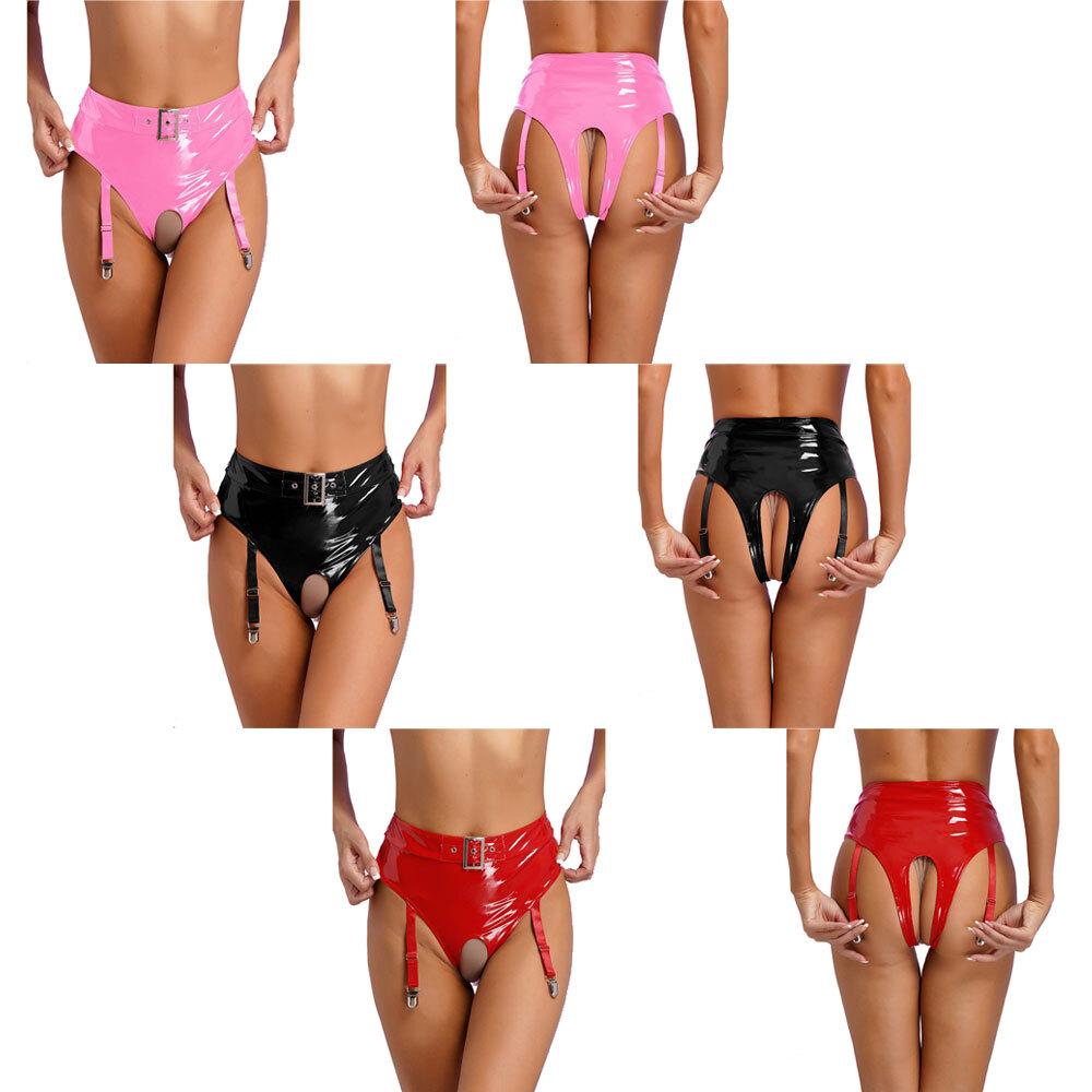 Women Open Crotch Underwear Leather Briefs Bodycon Boxer Shorts Metallic Thong