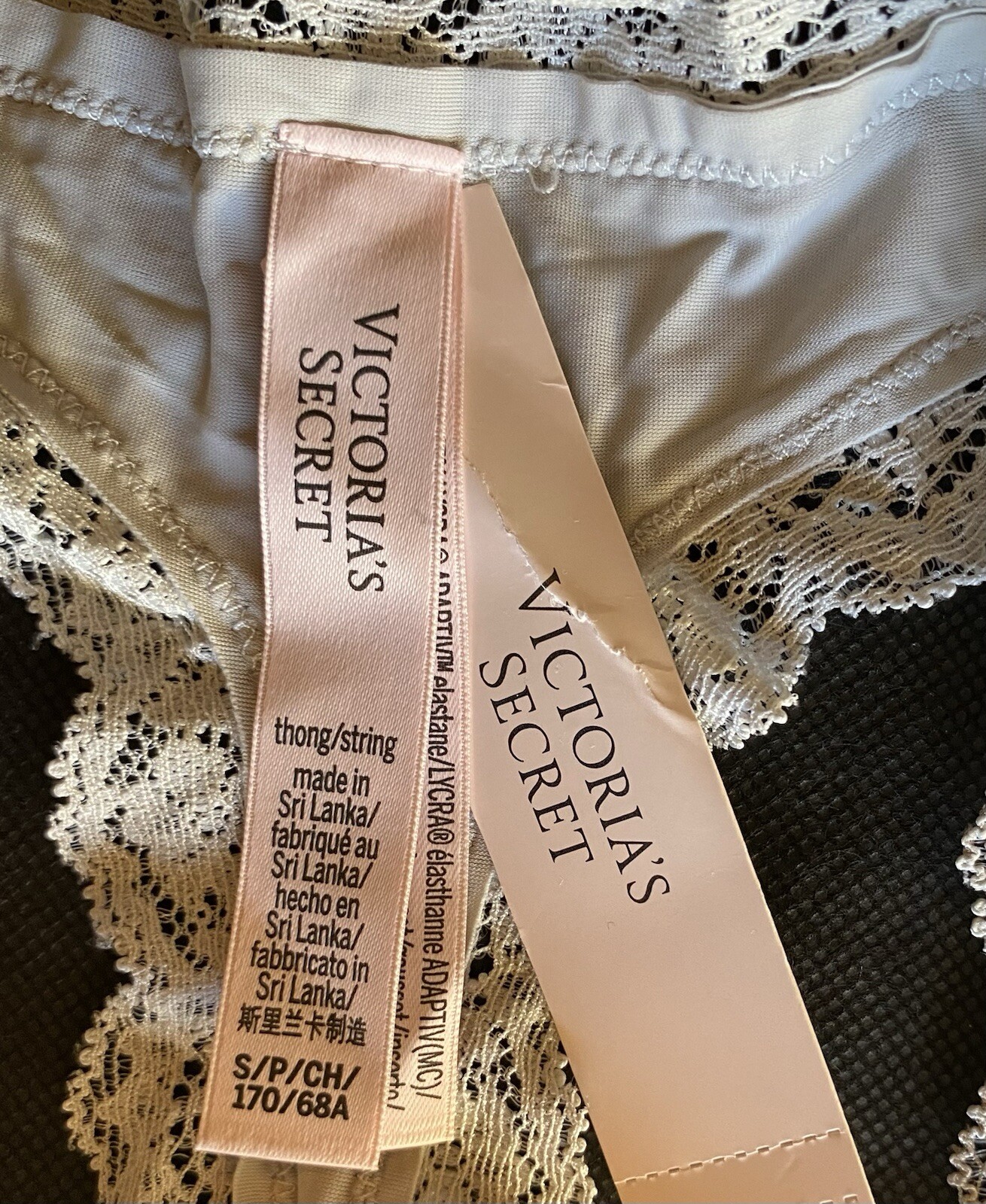 VICTORIA’S SECRET Size S Dream Angel Silver Pearl Lace-Trim Thong Panty NWT