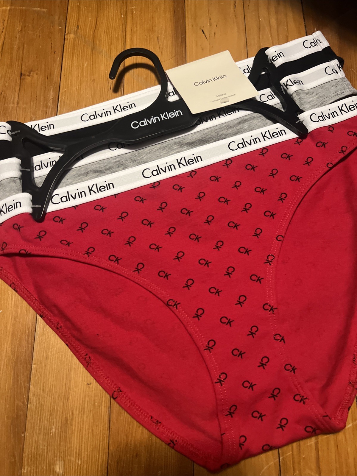 CALVIN KLEIN 3 pack Bikini SZ Large Cotton blend BLACK GRAY RED LOGO color NWT