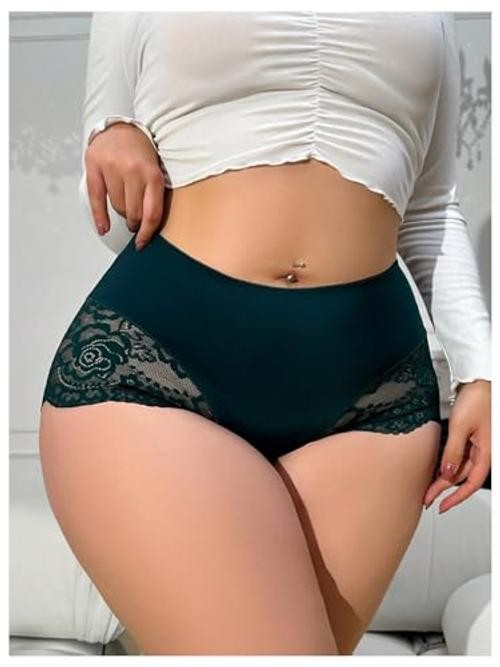 Women’s Plus Size Contrast Lace Boyshorts Mid Rise Tummy X-Large Plus Green