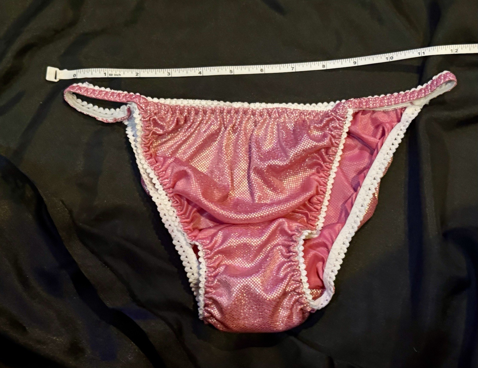 VTG pink silver Shiny Sissy Satin String Bikini Panties Large Gusset Pouch Mens