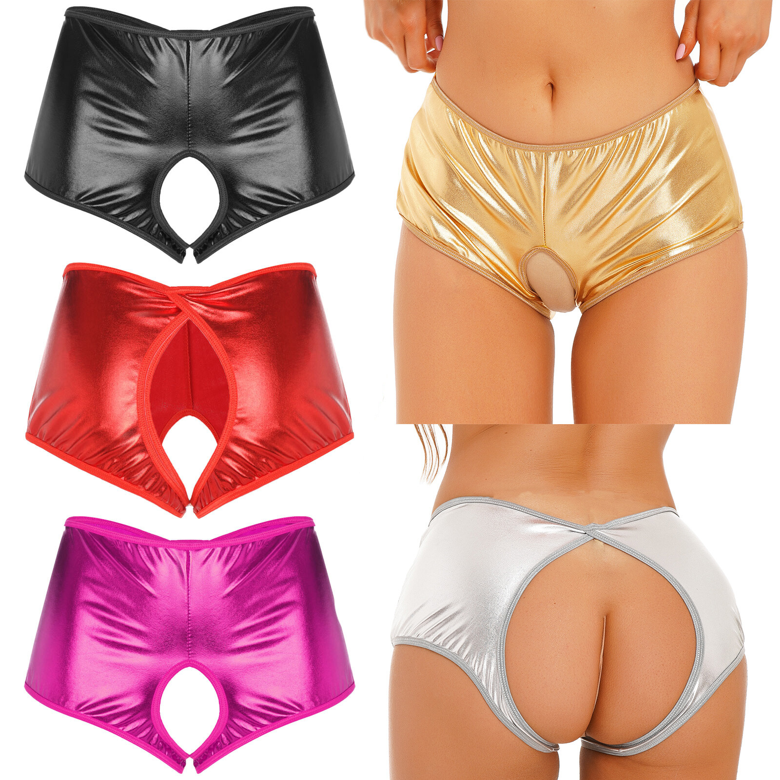 Womens Faux Leather Booty Shorts Open Butt Panty Hipster Knicker Bikini Briefs