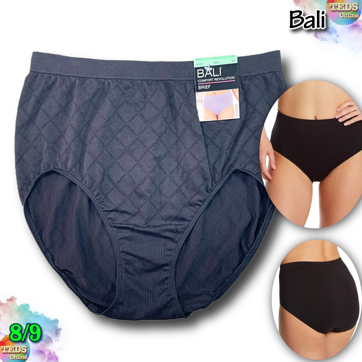 NWT Bali Women’s 8/9 Comfort Revolution Microfiber Underwear 803J Black