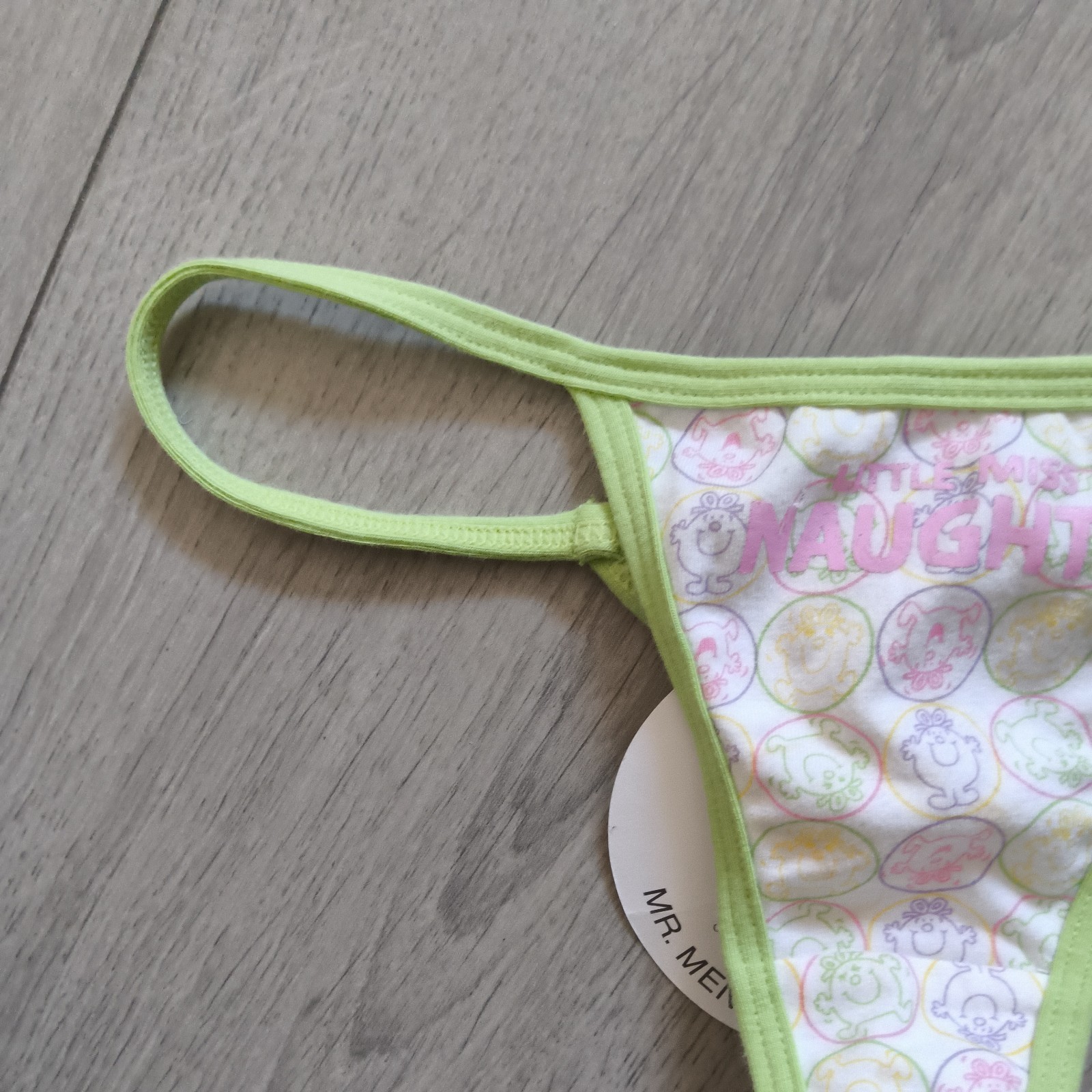BNWT Vintage La Senza White & Green Little Miss Naughty Thong Size 6-8