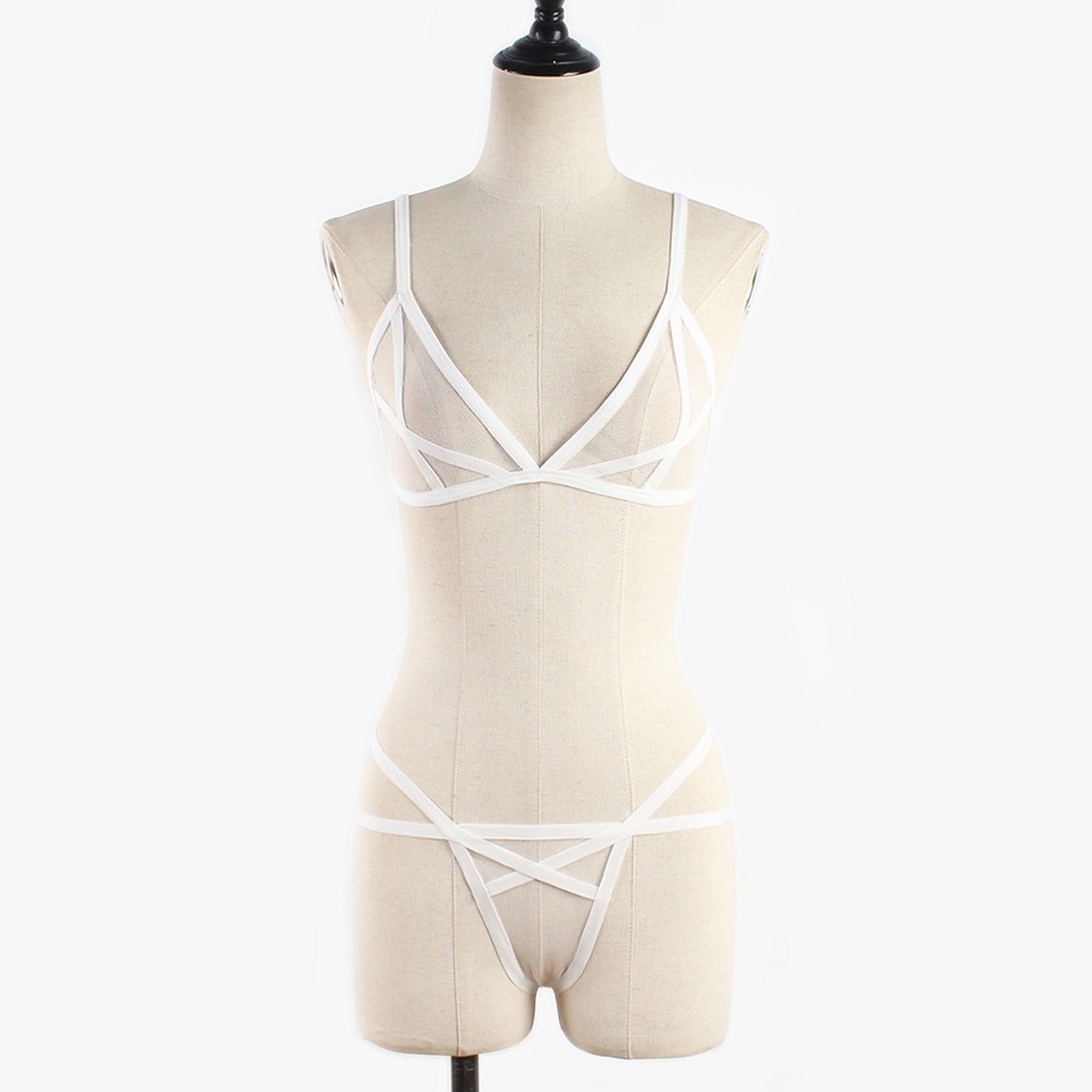 Bandage Bra Set M-2XL Mesh Nightwear See-through Set Sexy Spandex Thong