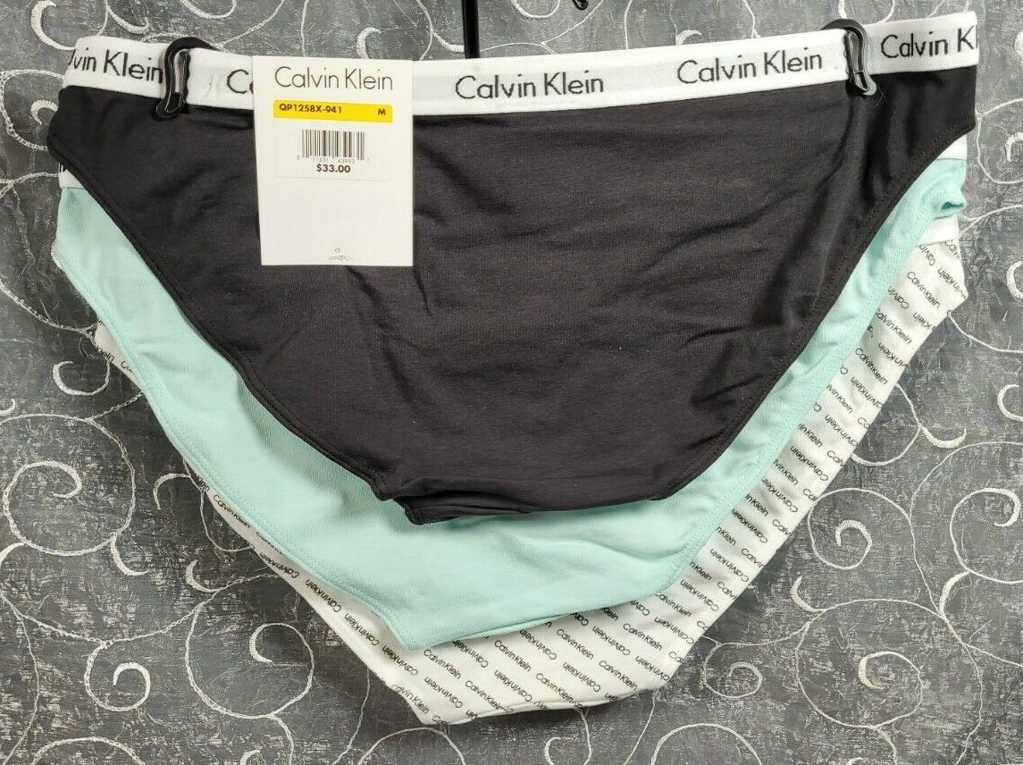 Calvin Klein 3 Cotton Stretch Bikinis M White w/ Logo Print, Solid Mint, Black