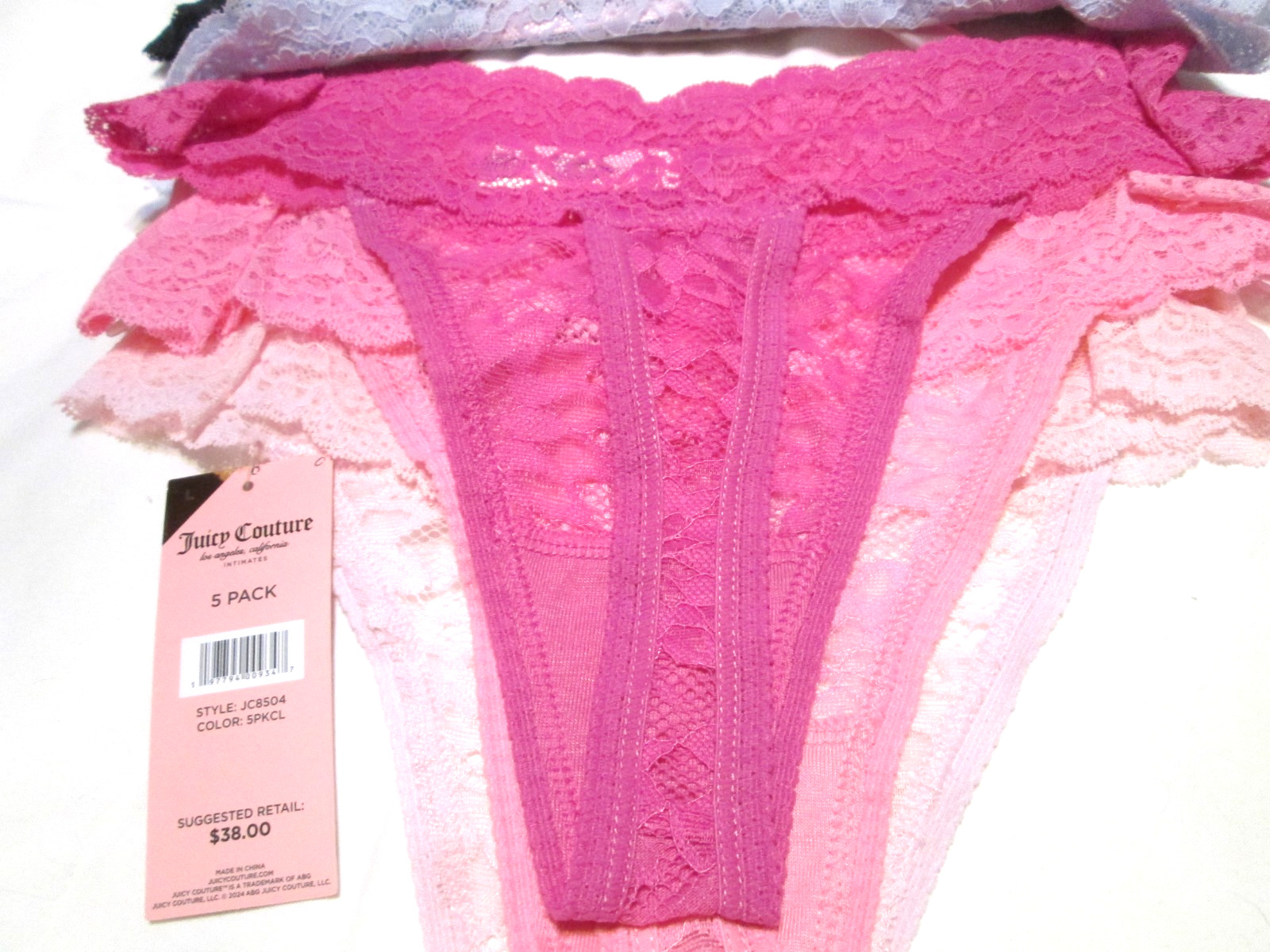 JUICY COUTURE Women’s SZ L- 5Pk Lace Logo Thong Panties Black /BLUE & pinks-NWT