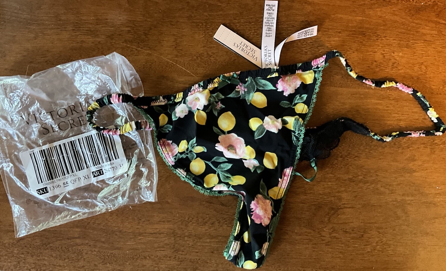 VICTORIA’S SECRET Satin Lace V-String Thong Panty Size XL Black Lemoncello Thong