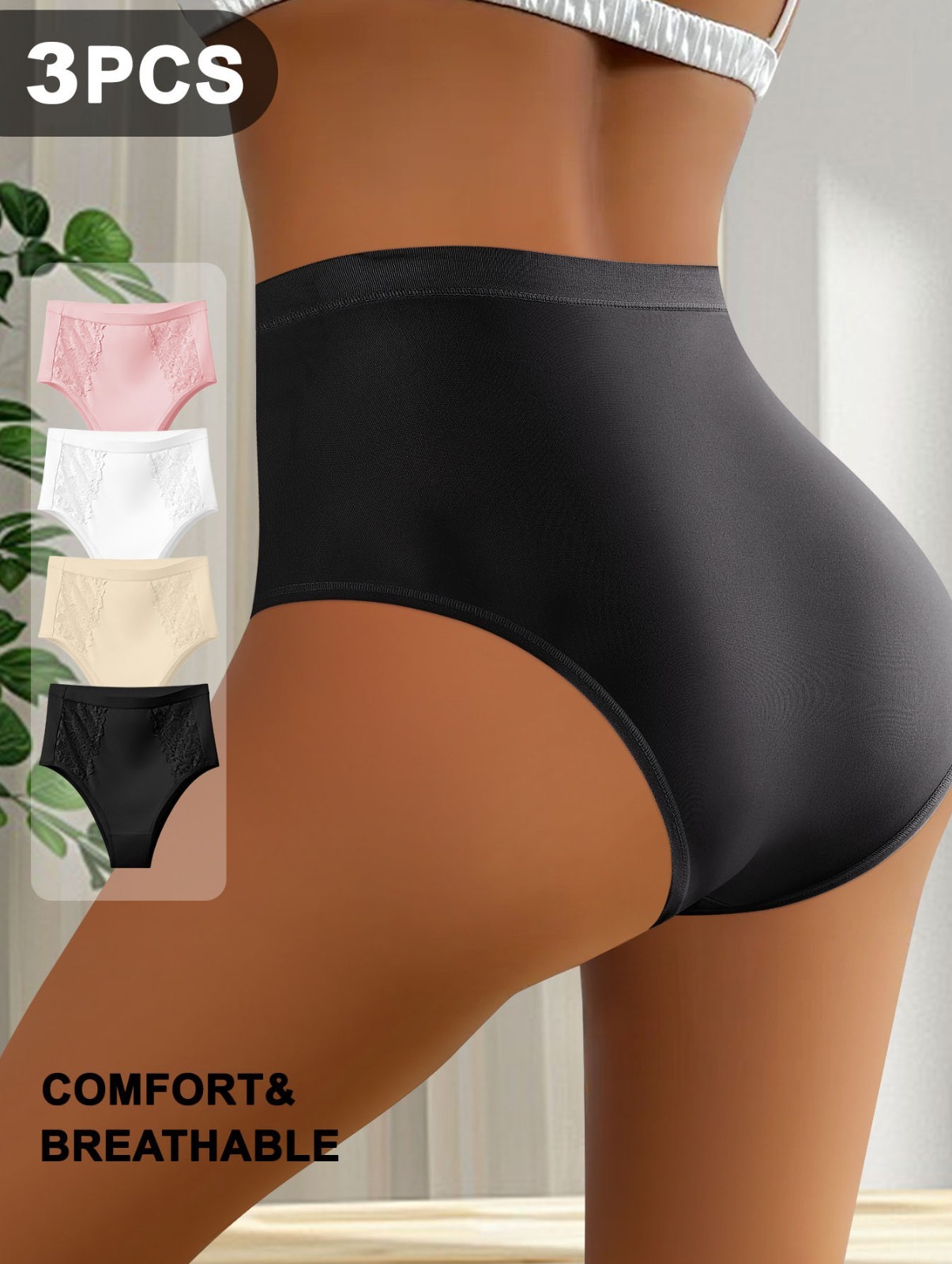 3 Pack High Waist Lace Thong Panties – Milk Silk Breathable Cotton Gusset S-2XL